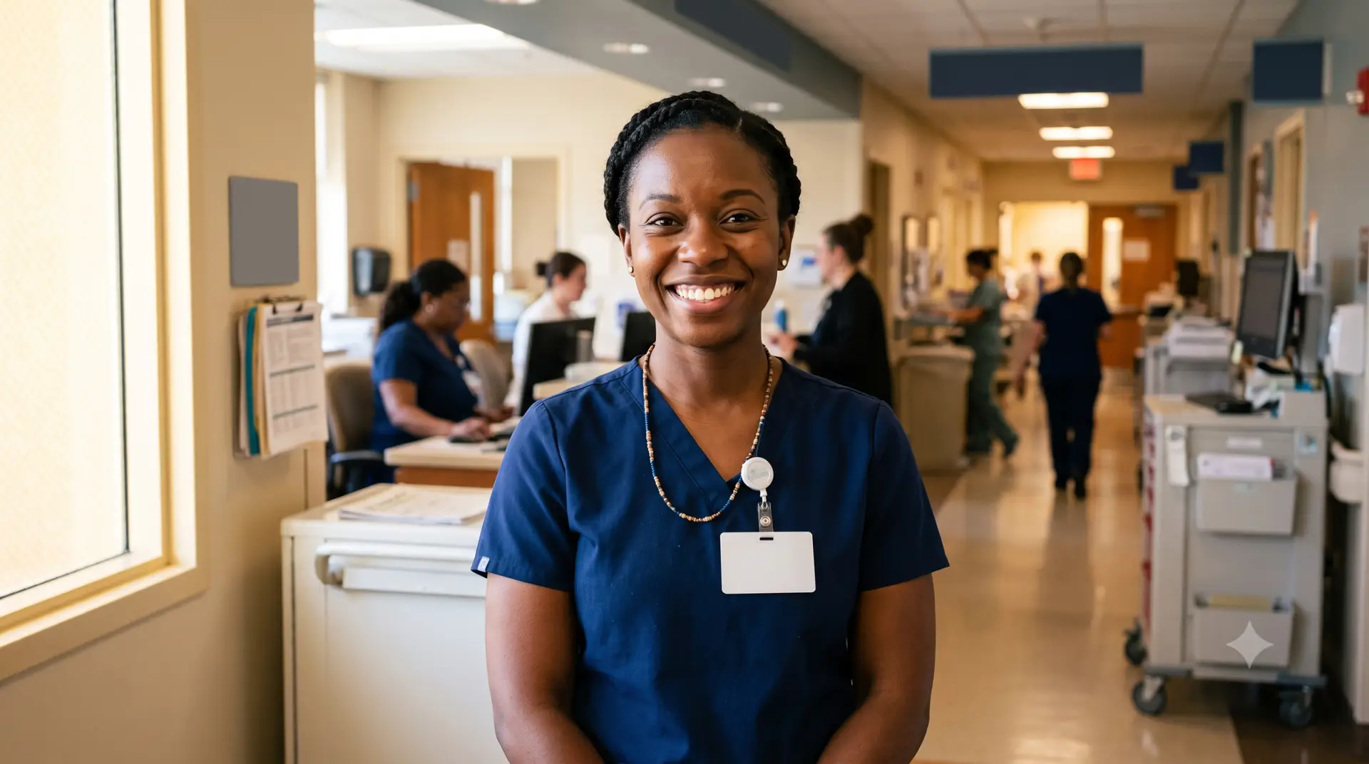 A nurse in smiling in a hospital hallway